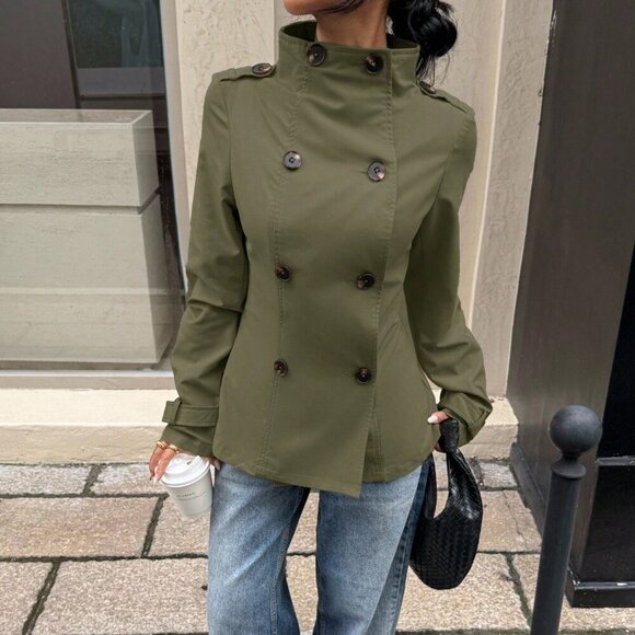 Army Green Casual Women's Long Sleeve Double-Breasted mini Trench Coat - Picture 4 of 5